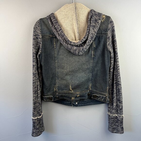 Free People Mixed Media Distressed Cropped Hooded Denim Knit Jean Jacket Size S - Picture 12 of 12